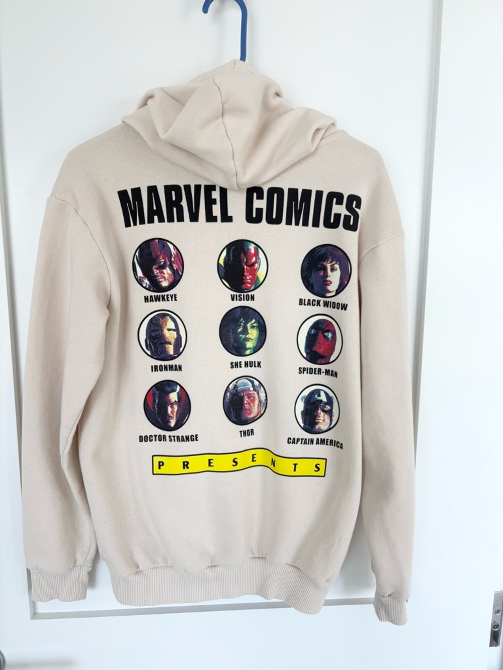 Marvel Comics Hoodie Beige Graphic Sweatshirt Avengers Spider-Man Iron Man-S